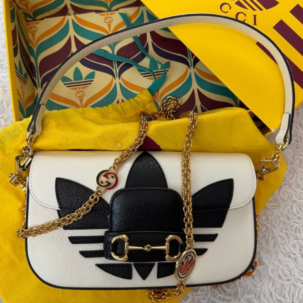 GUCCI X ADIDAS Textured Dollar Calfskin Web Trefoil Horsebit 1955 Shoulder Bag i